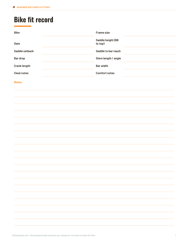 Preview of Printable Bike Fit Record