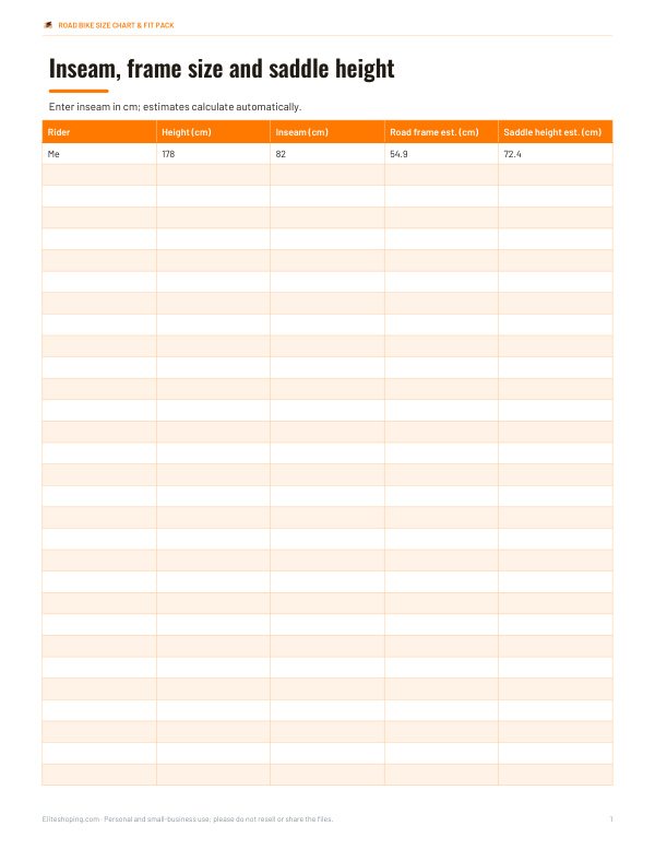 Preview of Printable Road Bike Frame Size Chart