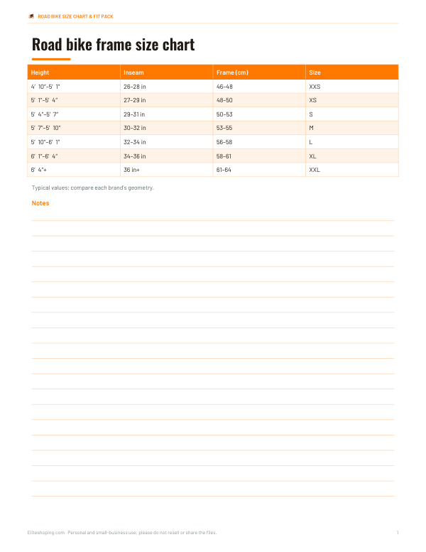 Preview of Printable Road Bike Size Chart